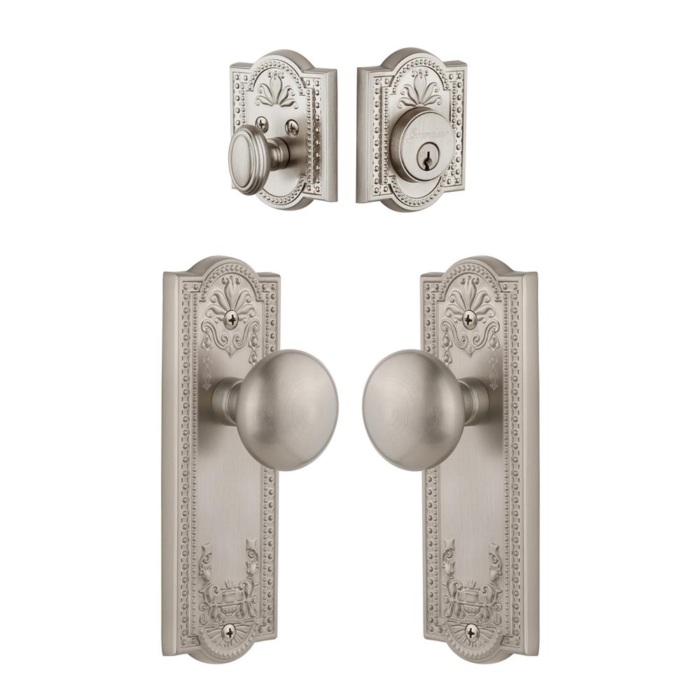 Grandeur by Nostalgic Warehouse Single Cylinder Combo Pack Keyed Differently - Parthenon Plate with Fifth Avenue Knob and Matching Deadbolt in Satin Nickel